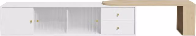 Mobile TV bianco e legno con illuminazione LED RGB, 2 cassetti, 2 ante scorrevoli in vetro, 175×40×35,5 cm, design allungabile