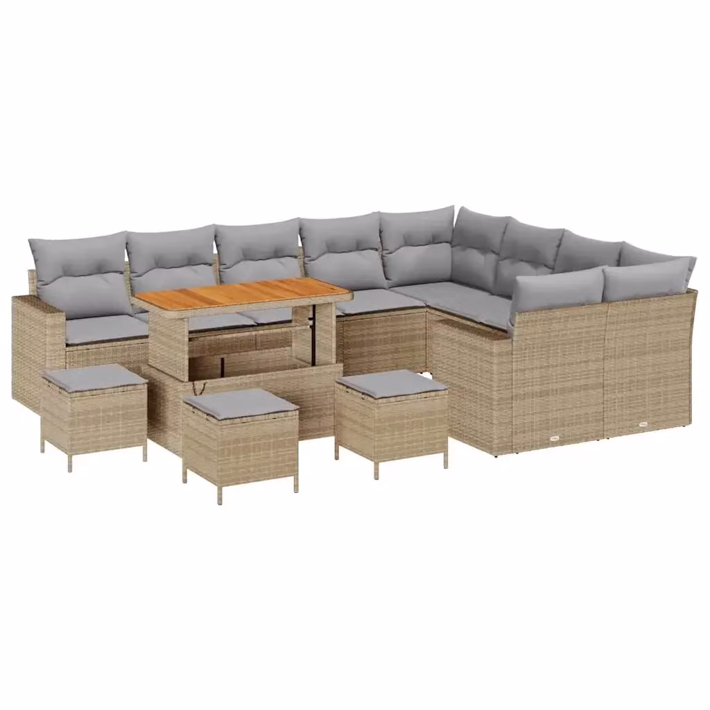 Set Divano da Giardino vidaXL 14 Pezzi L-Shape Beige e Grigio con Tavolino e Pouf in Polyrattan e Acciaio – 2
