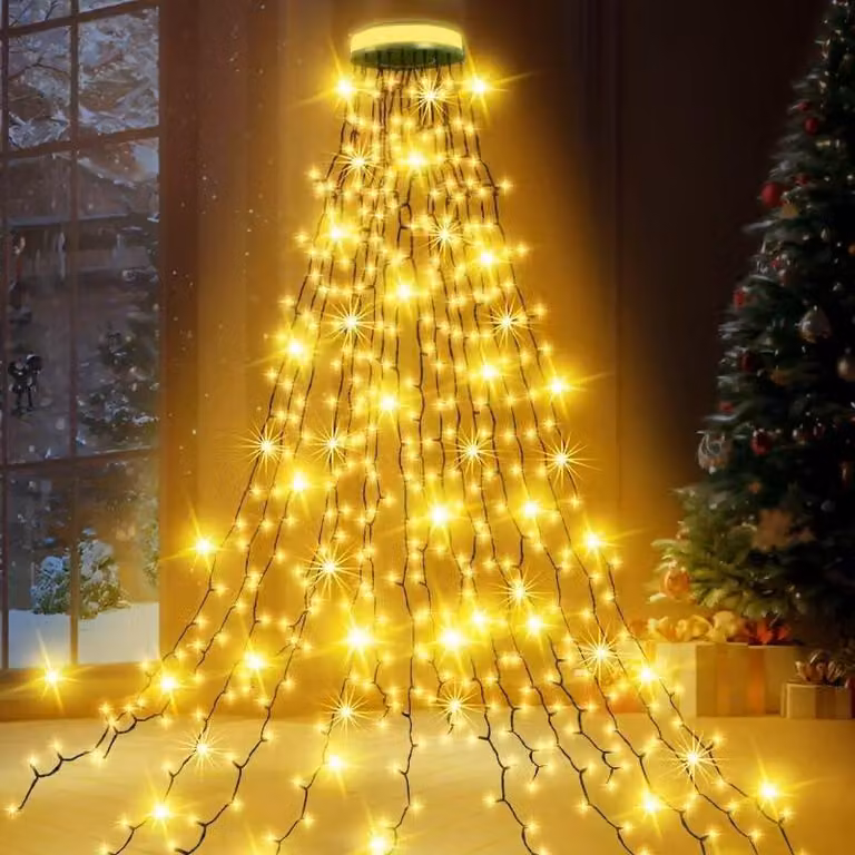 Catena luminosa a LED, 12 metri di lunghezza, 300 LED bianco caldo, grado di protezione IP44, 8 modalità