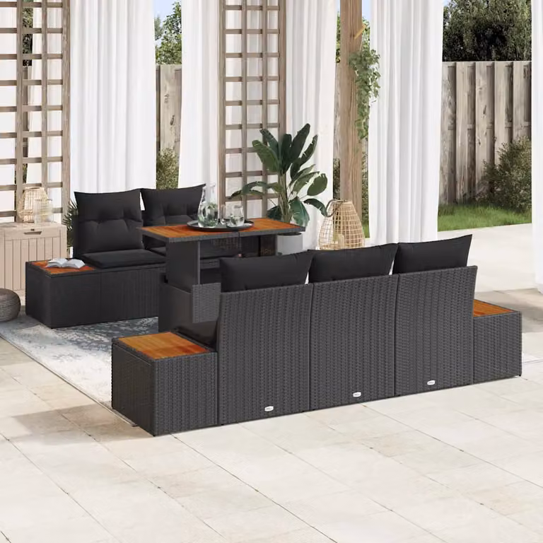 Set da pranzo da giardino vidaXL in rattan e legno di acacia con 6 pezzi, Nero e Marrone