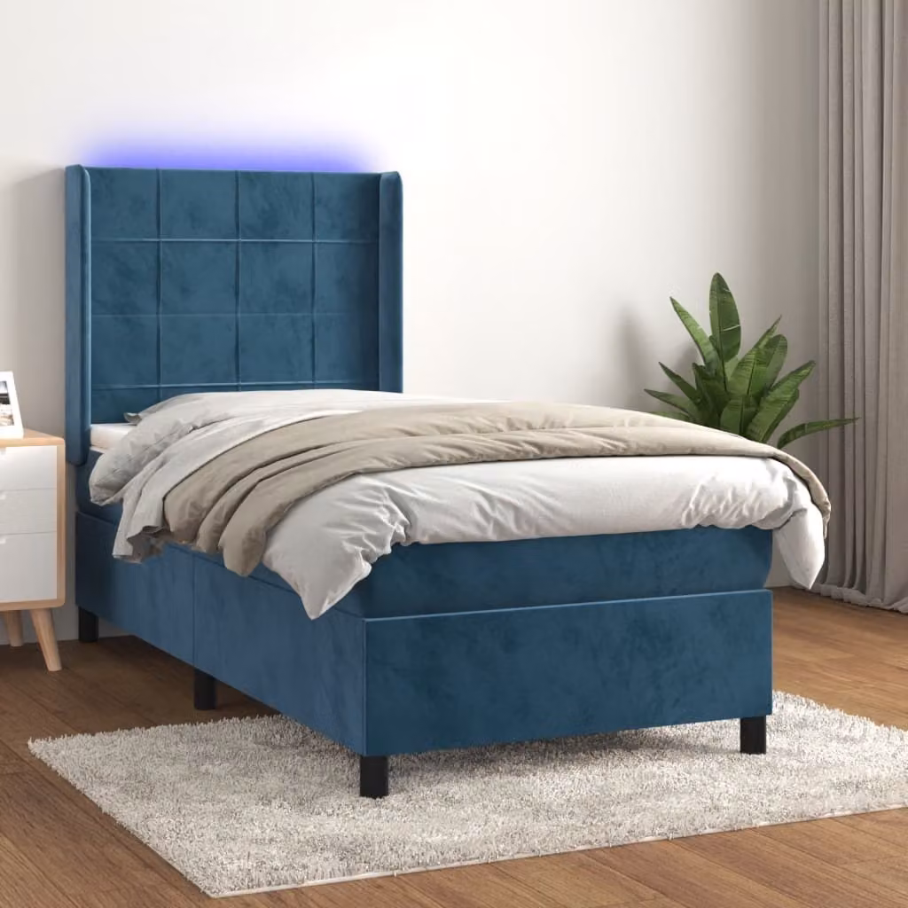 The Living Store Letto a molle con materasso e LED in velluto blu scuro 100x200 cm