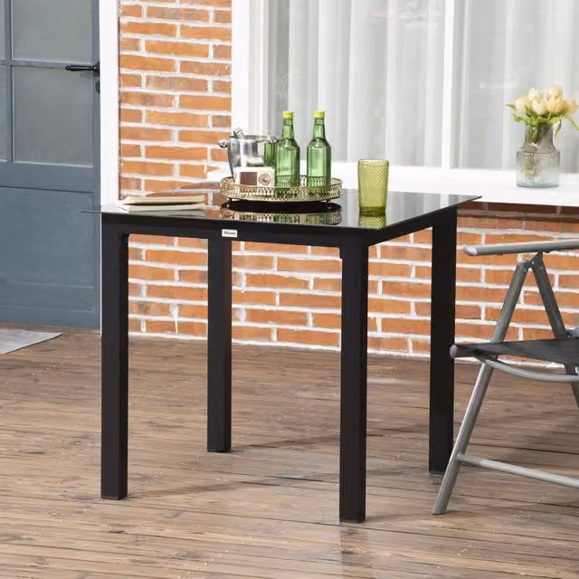 Tavolo da giardino per 4 persone con piano in vetro temperato e piedini regolabili per esterni nero 80 × 80 × 74 cm