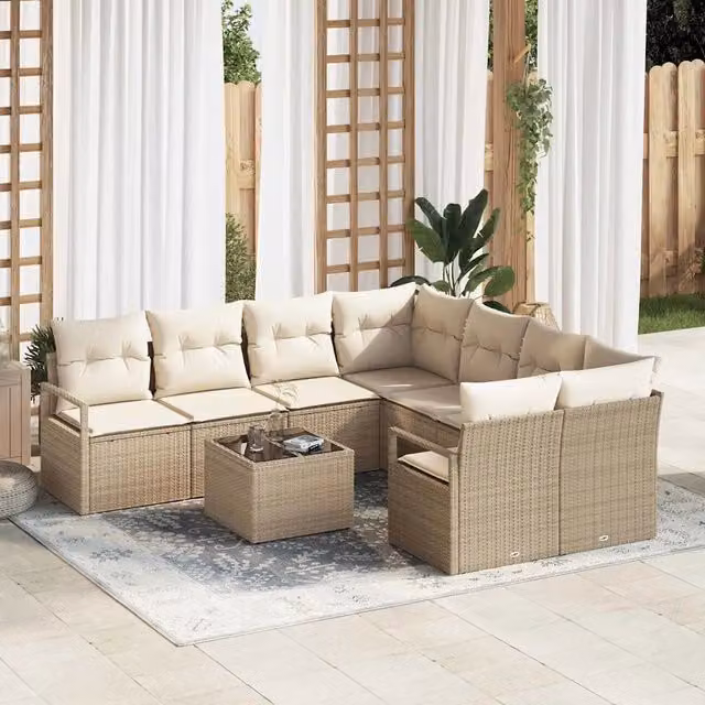 Set di divani da giardino vidaXL a forma di U con 9 pezzi, colore beige, con struttura in metallo e tavolo da caffè in vetro, ideale per terrazzo o giardino