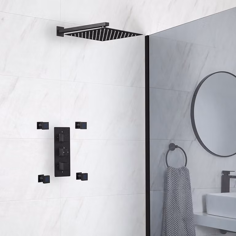 Sistema Doccia Termostatico Nero con Soffione Quadrato da 300mm e Idrogetti (2 Vie) - Preto