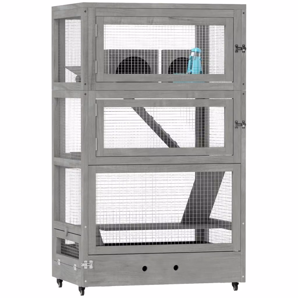 Scaffale OKWISH per piccoli animali a quattro livelli in legno di abete grigio con porte multiple, due casette, due altalene, rampe e ruote, L 65 cm x P 45 cm x H 109 cm – 2