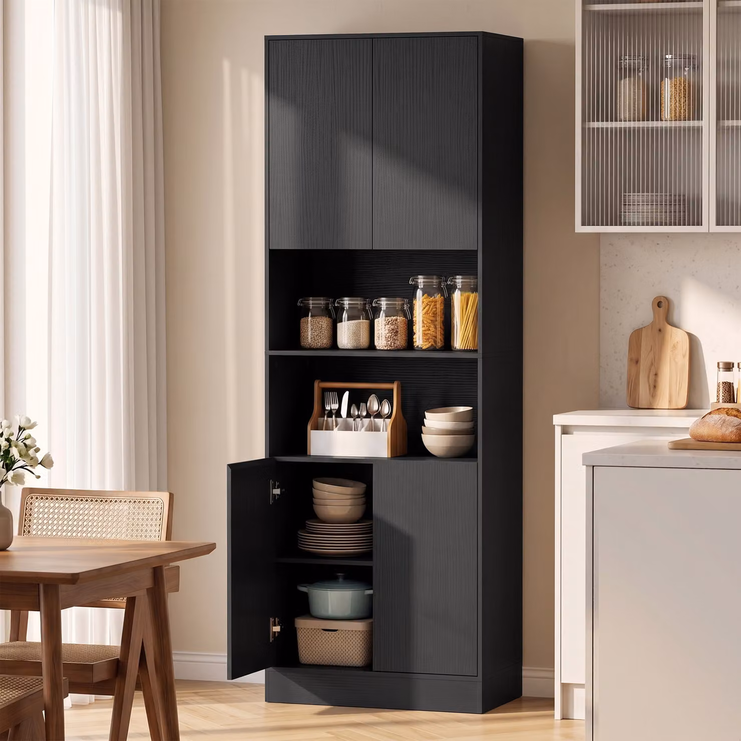 Dispensa da cucina HOMCOM moderna con ante a battente e ripiani regolabili, effetto legno nero, Altezza: 170 cm – 2