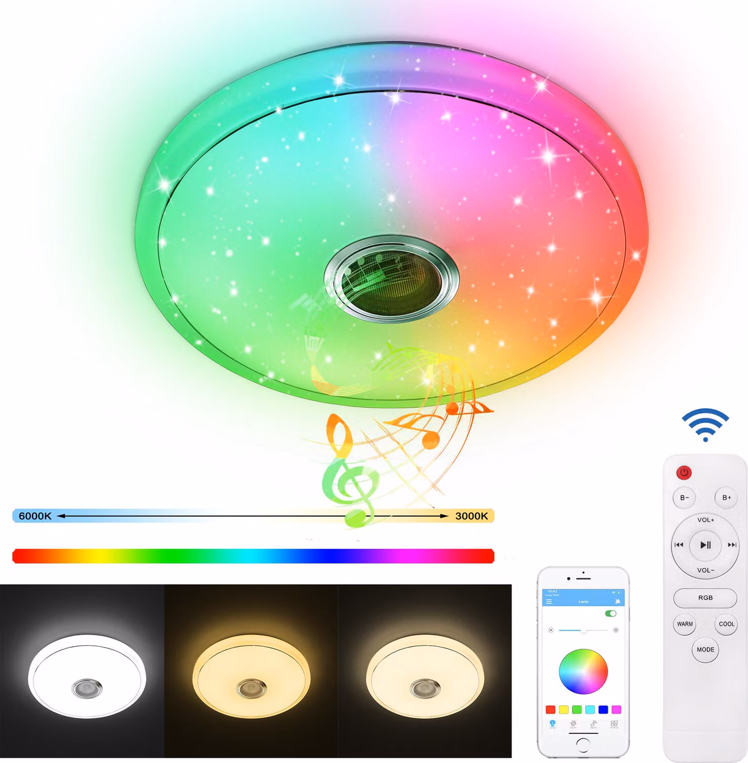 Lampada da soffitto a LED VA-Cerulean, 48W, RGB, con altoparlante Bluetooth, controllo tramite app, telecomando e funzione "cielo stellato"