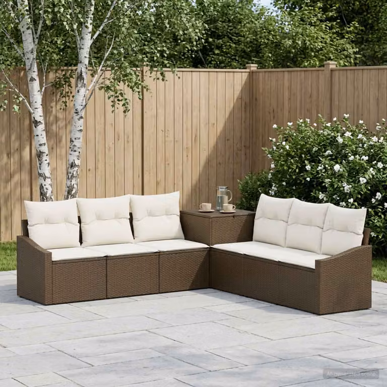Set di divani da giardino vidaXL in polyrattan marrone e bianco crema, composizione a L con 7 pezzi inclusi cuscini