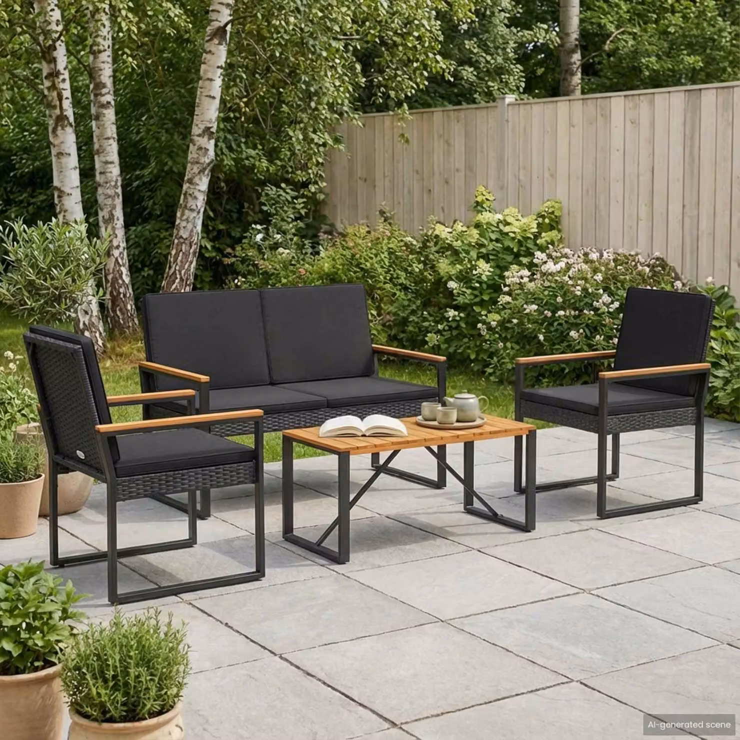 Set di mobili da esterno vidaXL in 4 pezzi in polyrattan e legno di acacia nero per giardino e terrazzo
