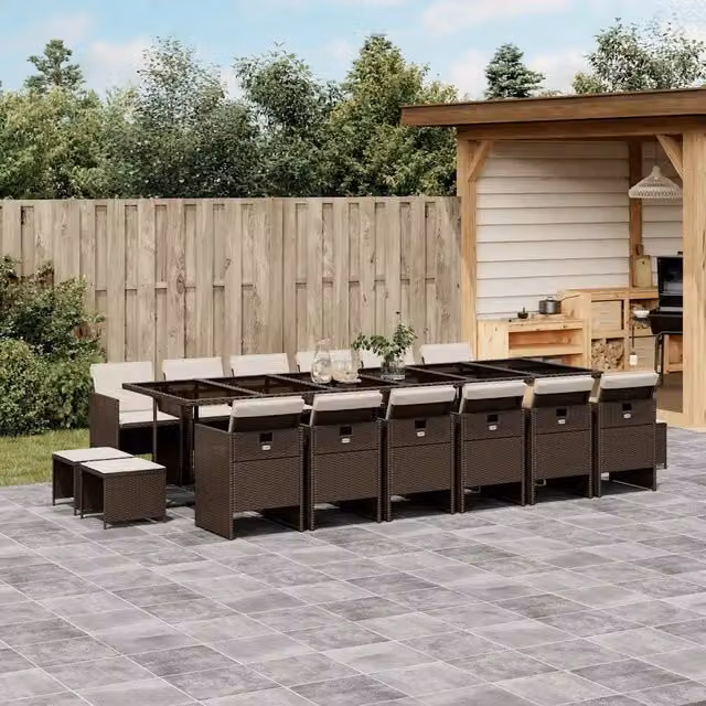Set da pranzo da giardino vidaXL in polyrattan marrone con 17 pezzi e cuscini