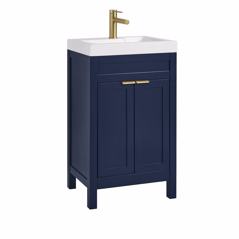 Mobile Bagno Blu Marino da 500mm con Lavabo e Maniglia Moderna con Impugnatura a Dito in Oro Satinato - Warwick