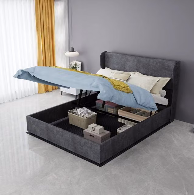 Letto imbottito moderno 140x200 cm in tessuto e metallo; grigio