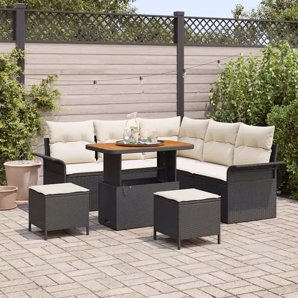 vidaXL Set Divano da Giardino a L con 8 Pezzi, Nero e Beige con Cuscini e Tavolino da Esterno – 1