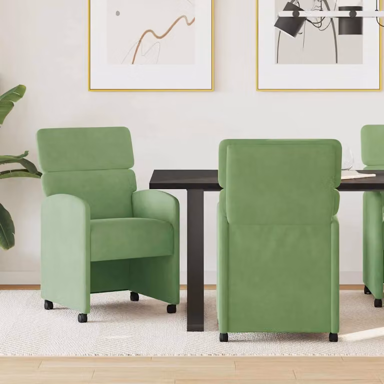 Set di 2 sedie da pranzo vidaXL in velluto verde chiaro con ruote e braccioli, L: 58 cm, P: 65 cm, H: 98 cm