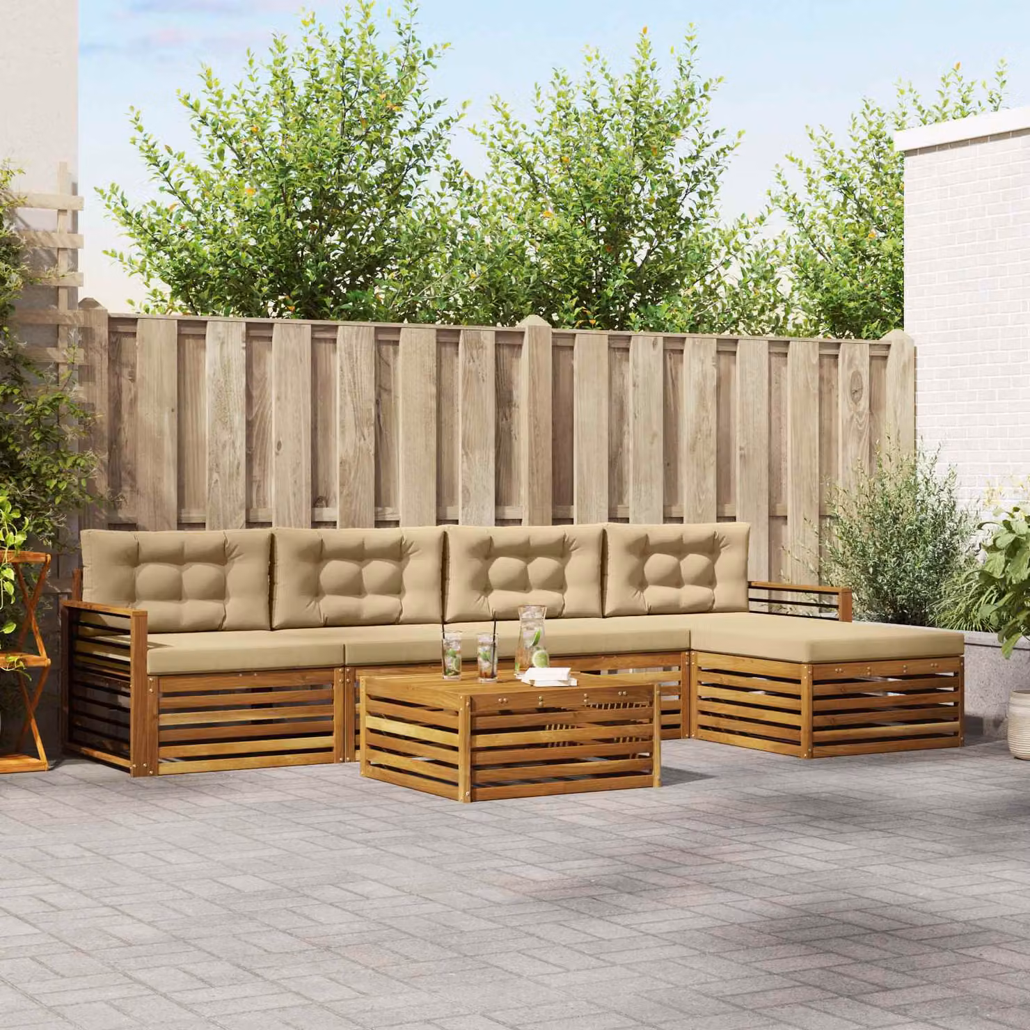 Set di divani da esterno vidaXL a forma di L in legno di acacia con tavolino e pouf, Beige e Marrone
