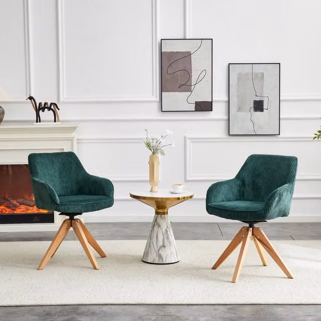 Set di 2 sedie da pranzo girevoli a 360° in velluto verde scuro con braccioli e gambe in legno stile retrò
