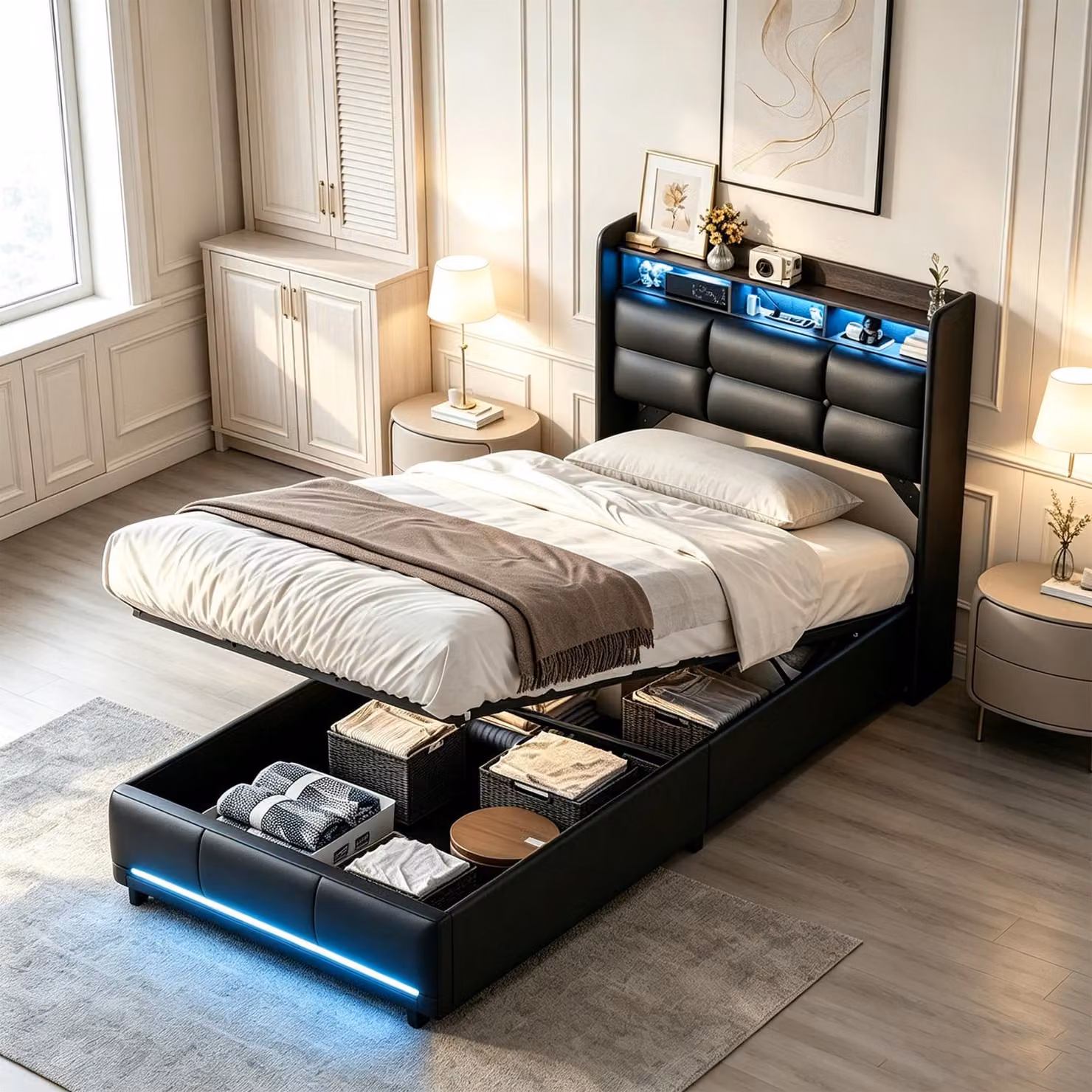Letto imbottito INONEFT 90x200 cm con LED e USB, letto singolo, letto con sistema di sollevamento idraulico e spazio contenitore, rete a doghe, letto a molle, letto per ragazzi, in PU, colore nero