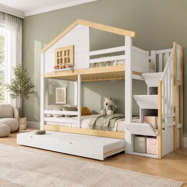 Letto a castello per bambini con letto estraibile e scala contenitore in legno, bianco e naturale, L/P/H: 90 x 200 x 175 cm