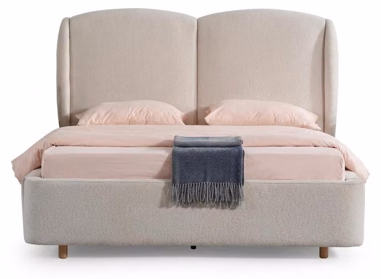 Letto imbottito in stile scandinavo, con aspetto bouclé e morbida testiera