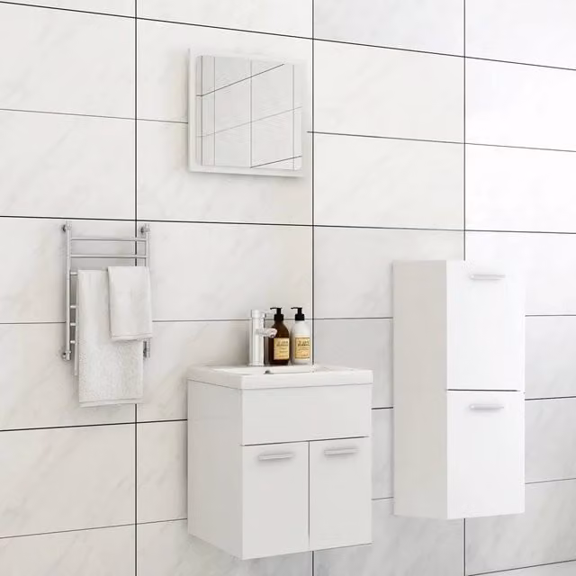 Set Mobili da Bagno Moderno vidaXL Bianco in Legno e Plastica con Mobile Lavabo, Armadietto Laterale e Specchiera a Parete