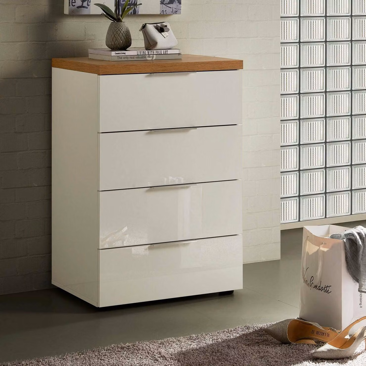 Dmora Cassettiera Amman 43x60x89h cm Bianco Lucido, 4 Cassetti Apertura Scorrevole  Italy