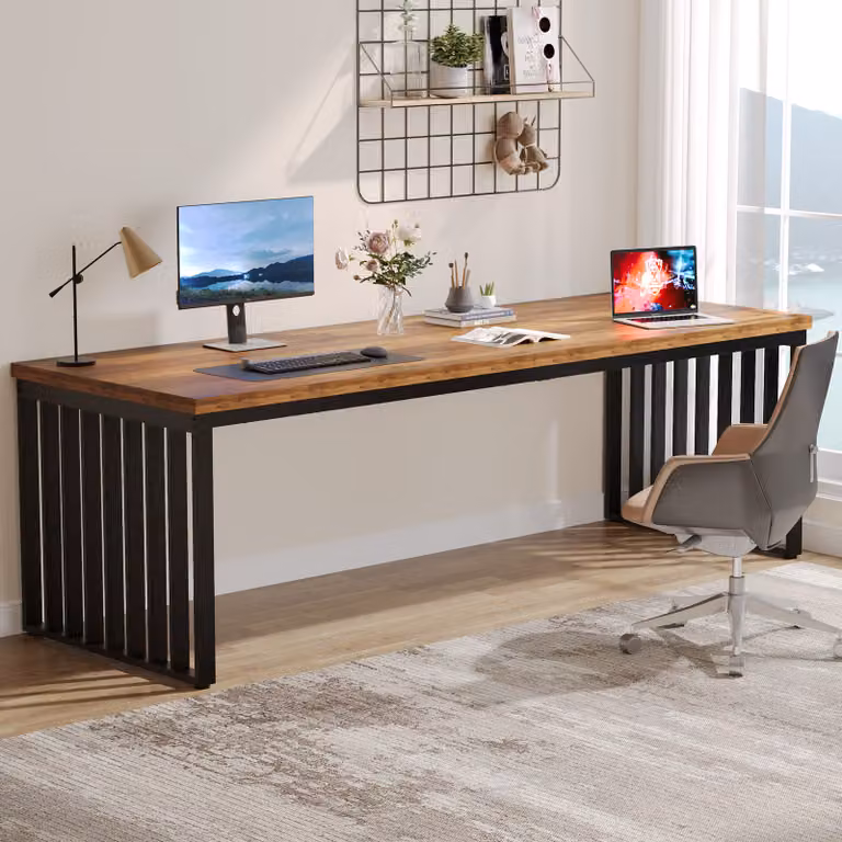 Scrivania Wanbor 180 cm, ampia scrivania per computer, scrivania per PC, scrivania da ufficio con struttura in metallo robusta, postazione di lavoro per l'ufficio domestico, colore marrone (senza sedia)