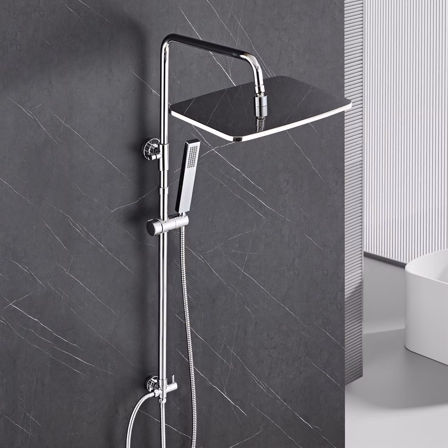 Sistema doccia cromato, dimensioni 35x25 cm, barra regolabile da 74 a 114 cm