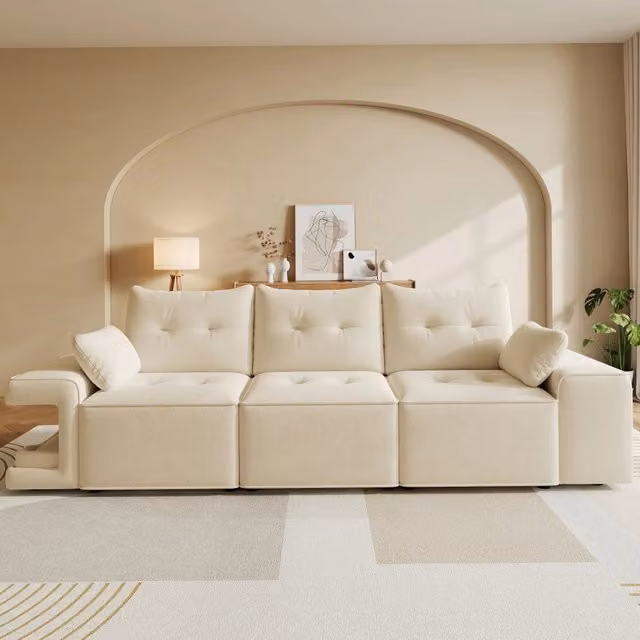 Divano modulare MIVRAY a 3 posti in velluto beige con vani contenitore, nicchie imbottite laterali per animali e 2 cuscini, L: 229.5 cm, P: 84.0 cm, H: 78.0 cm