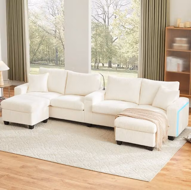 Divano a U in velluto a coste beige con 2 pouf; LED; USB e Type-C; 334x128;5x81 cm