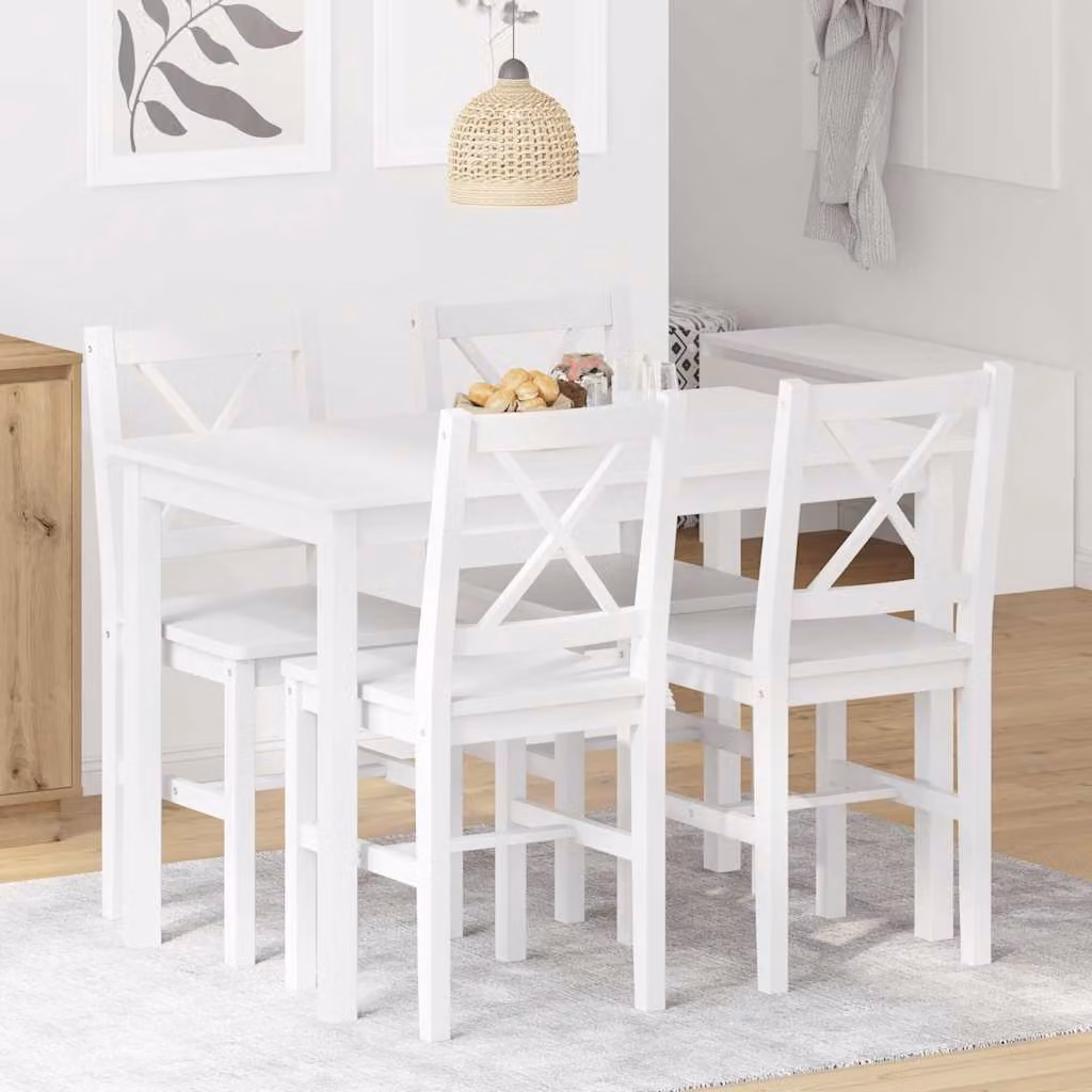 Set da pranzo moderno vidaXL in legno di pino bianco composto da tavolo rettangolare e 4 sedie