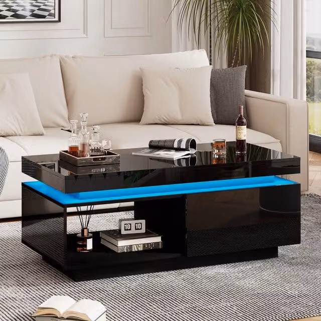 Tavolino da caffè Minimal con LED nero lucido in legno MDF con 1 cassetto L: 100 cm, P: 50 cm, H: 40 cm