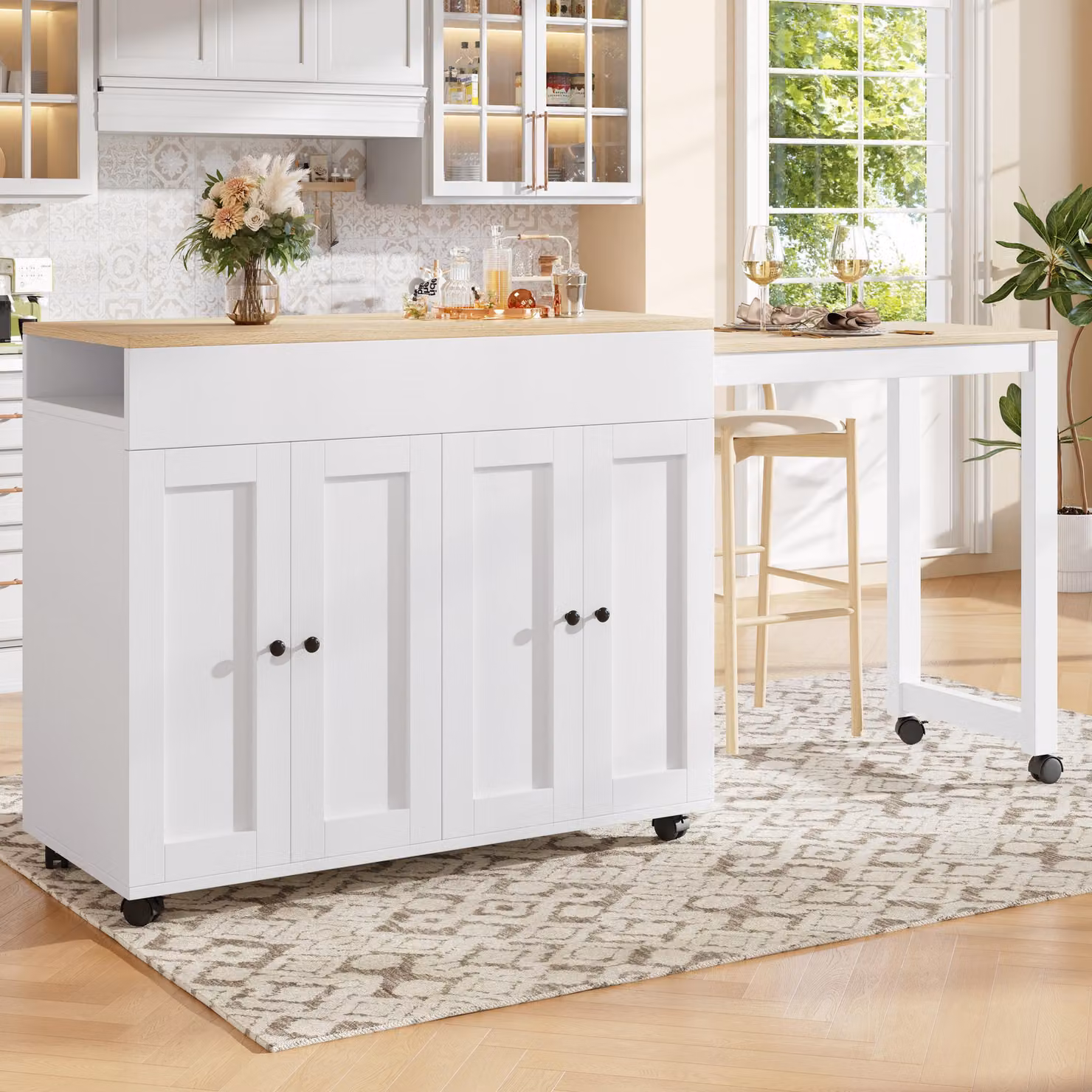 Isola da cucina/bancone bar MODFU, 117–180 cm, tavolo da pranzo estendibile, carrello da cucina moderno con 6 scomparti, carrello di servizio per 4-6 persone, bianco