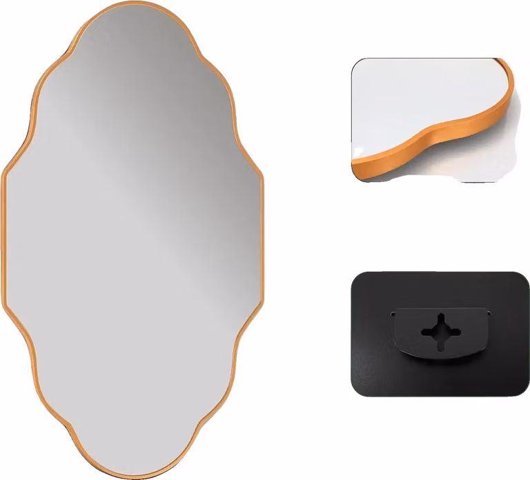 Specchio da parete, forma irregolare, funzione di ingrandimento, cornice dorata a lanterna