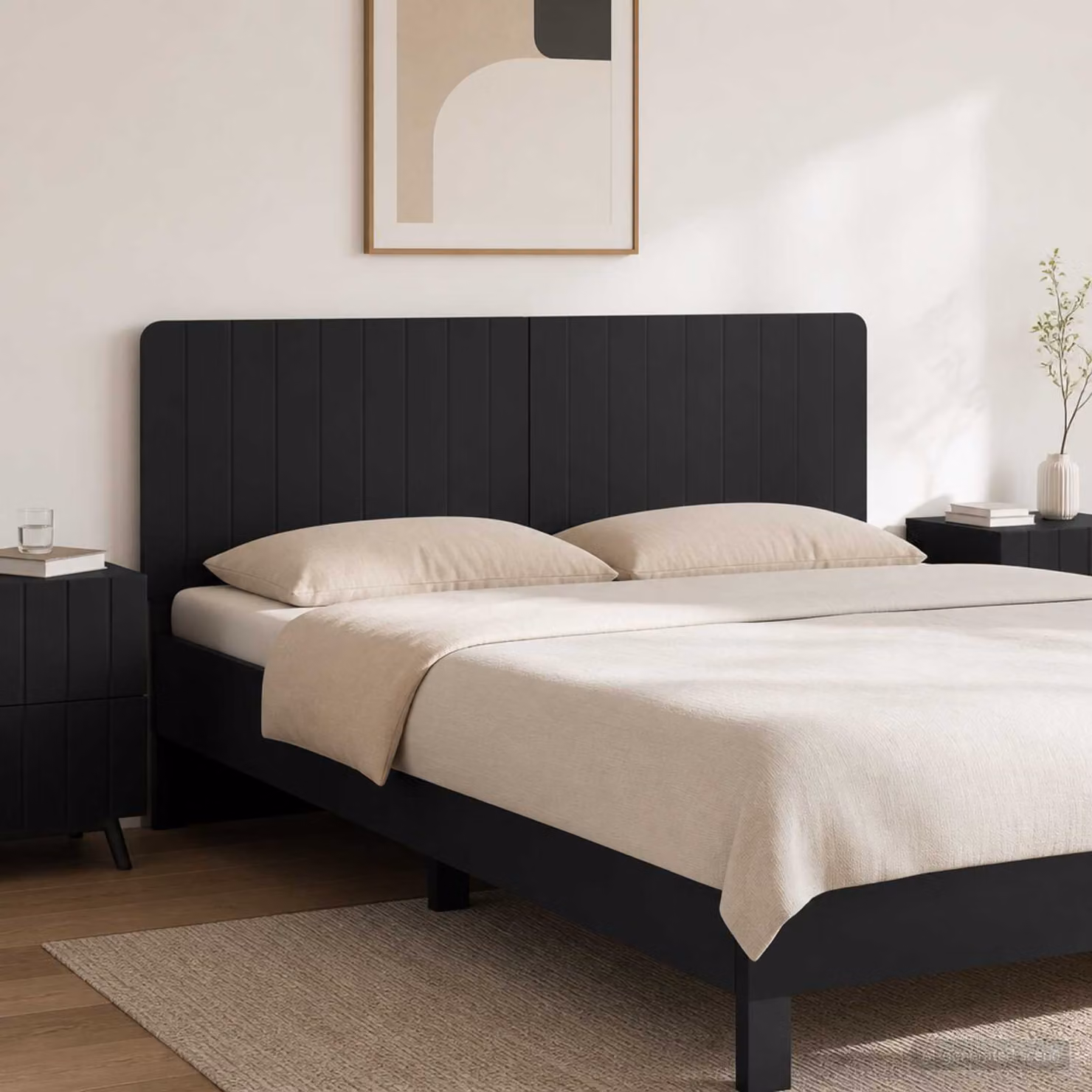 Testiera da muro vidaXL ZWOLLE in legno ingegnerizzato nero con ripiano integrato e scomparti laterali L: 140 cm, H: 50 cm, P: 12,2 cm