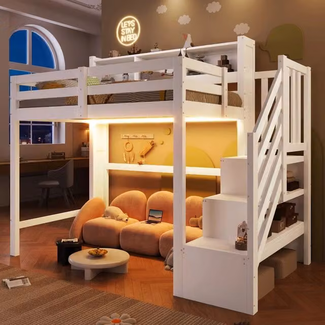 Letto a Soppalco con LED e Contenitore ¨C MINIMAL ¨C Bianco 90x200