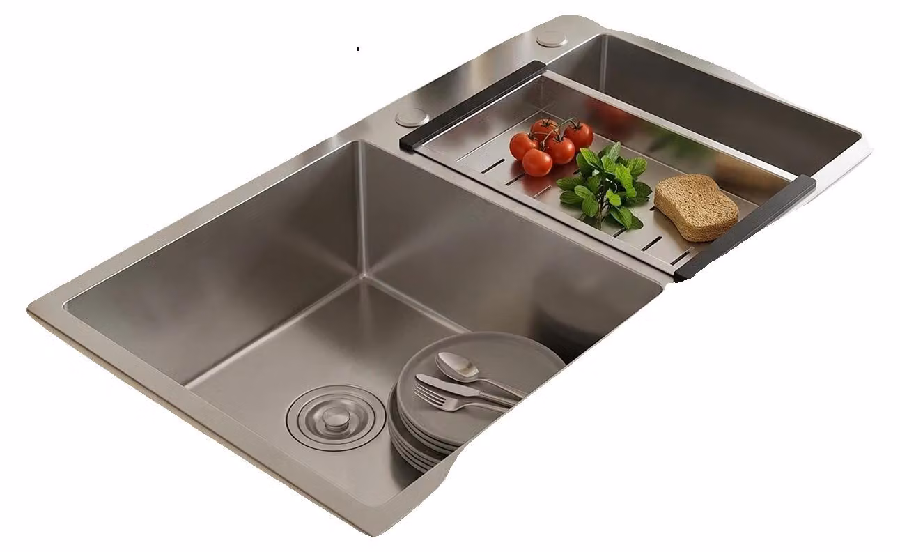 Lavello da cucina, realizzato in acciaio inossidabile, con design a due vasche, dimensioni 37,4 x 38 cm, tipo di installazione: da incasso, sottotop o a incasso, diametro dello scarico: 5 x 65 cm