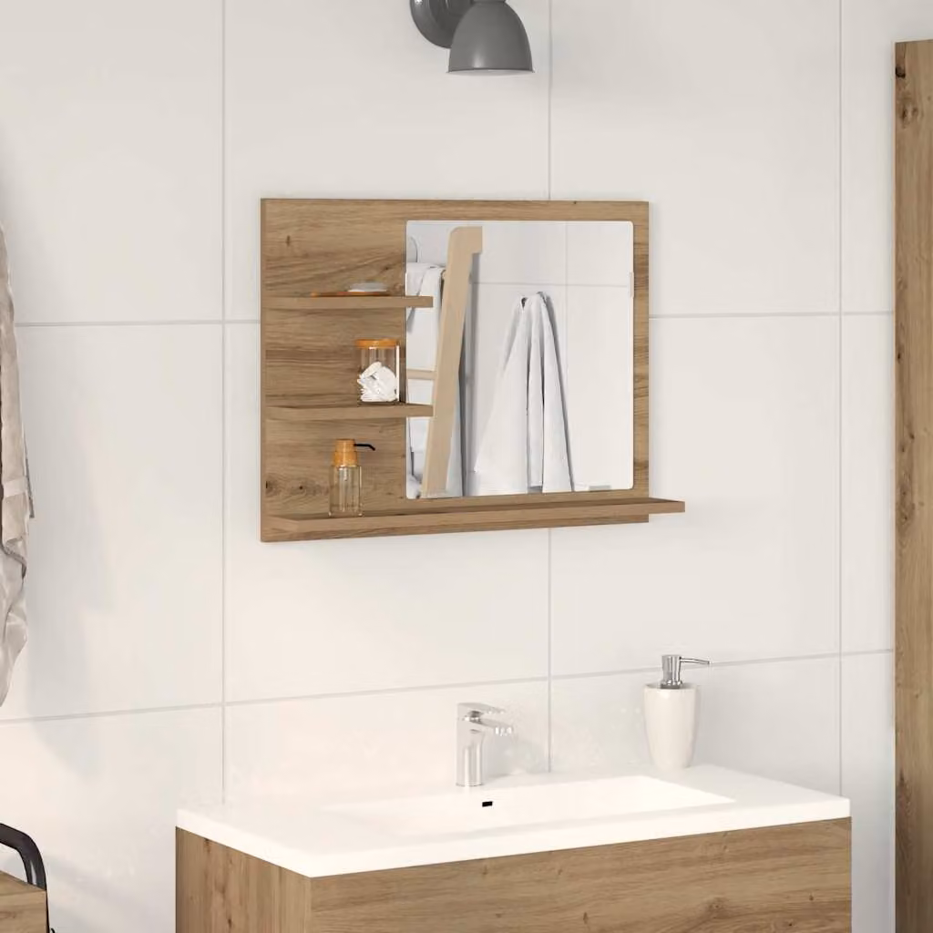 Armadietto da bagno con specchio vidaXL in rovere, moderno e da appendere al muro, L 60 x P 10,5 x H 45 cm