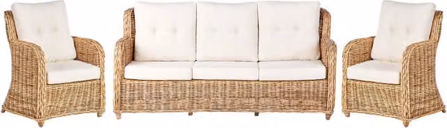 Set da giardino Beliani in polyrattan con divano a 3 posti, 2 poltrone e cuscini bianchi in stile boho