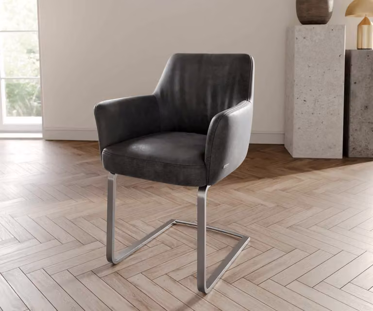 DELIFE Sedia a dondolo Xana-Flex con braccioli, rivestita in microfibra color antracite, stile vintage, seduta bassa, struttura in acciaio inossidabile, imbottitura in molle insacchettate