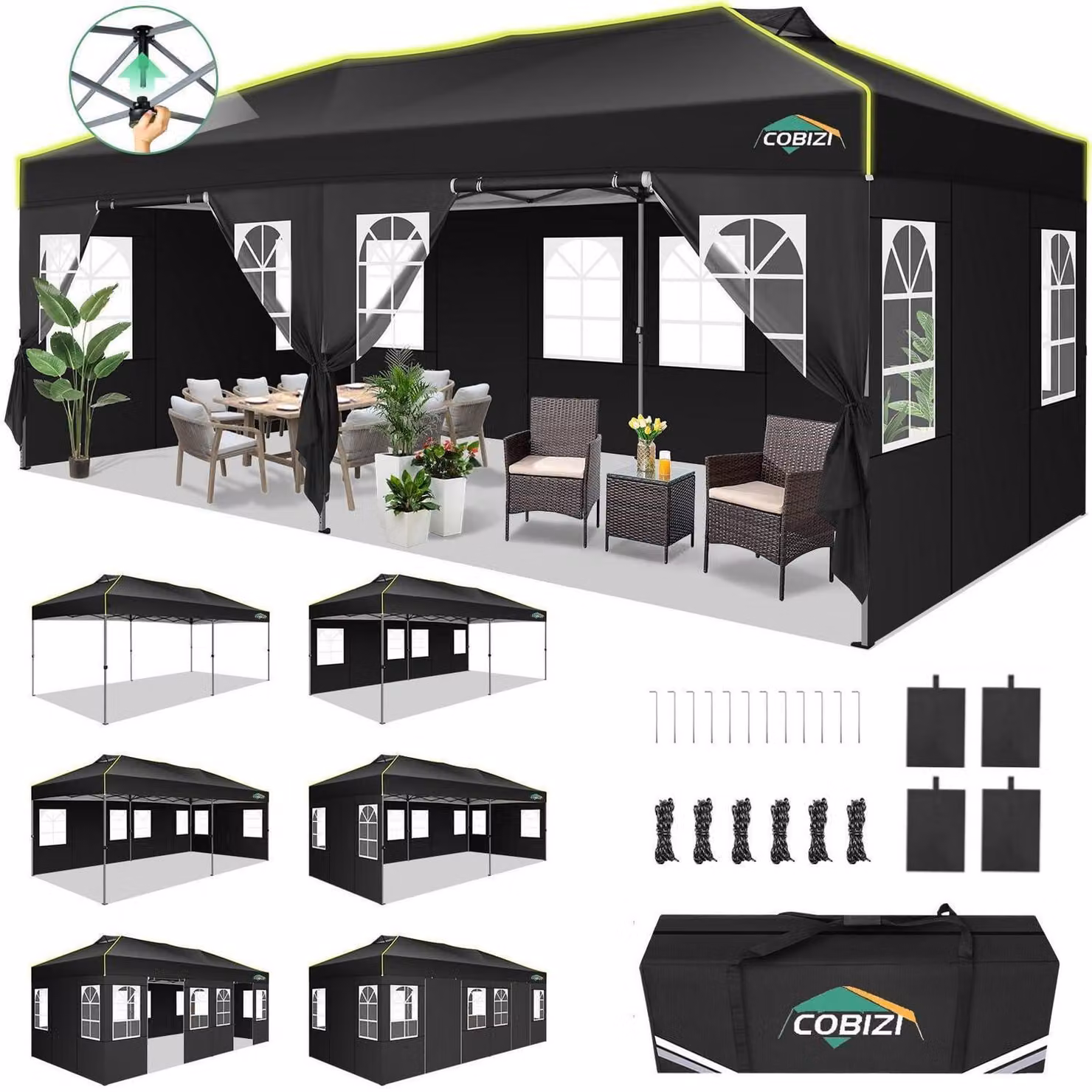 Gazebo da esterno 3x6 metri, colore nero, impermeabile, con 6 pareti laterali, protezione UV e sistema di chiusura centralizzato
