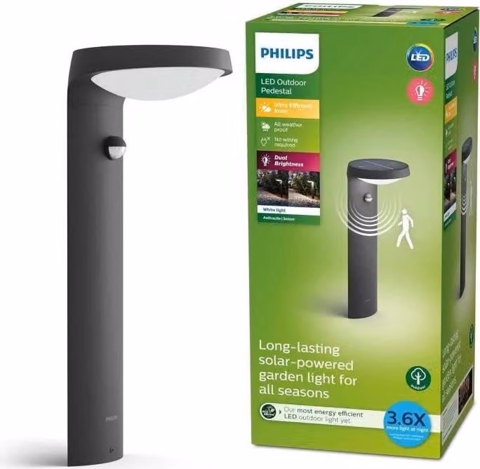 Lampada solare da esterno Philips Tyla, sensore di movimento, fino a 250 lm, IP44, antracite, classe energetica A