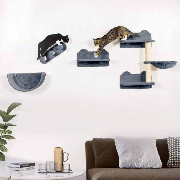 Moonbite, parete da arrampicata per gatti, composta da 4 elementi, con tiragraffi a 3 piani, scaletta per gatti, cuccia, pali in sisal e rivestimenti in peluche, adatta a gatti fino a 5 kg, realizzata in pannello di fibra a media densità (MDF), colore gri