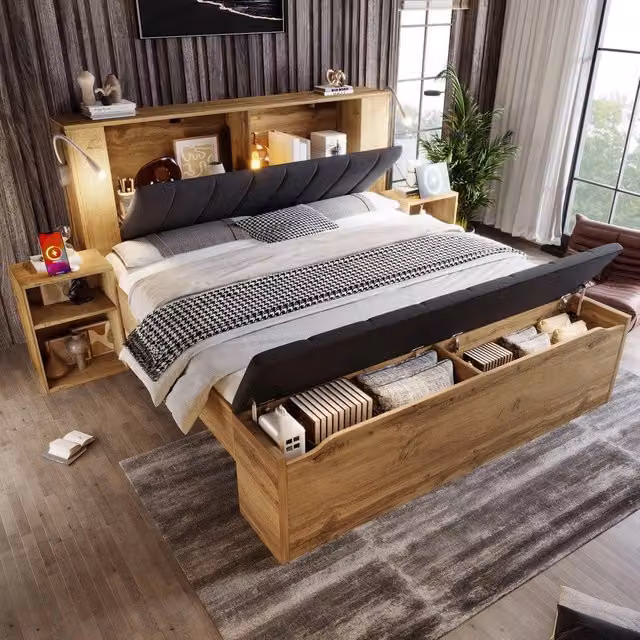Letto Matrimoniale Contenitore con Testiera Ribaltabile ¨C MINIMAL ¨C Rovere, Tessuto Lino, 180x200, Doghe