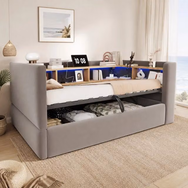 Divano letto imbottito ULEVR 90x190 cm con vano contenitore idraulico, LED, prese e vani, grigio scuro