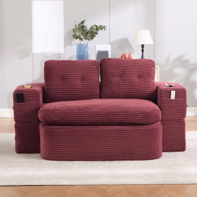 Poltrona trasformabile 2 in 1 Mivray in velluto a coste rosso vino con braccioli removibili, portabevande e tasche laterali