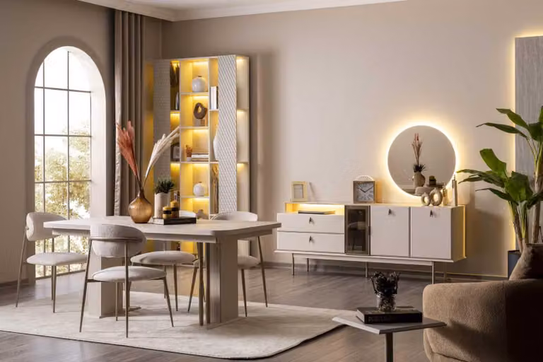 Tavolo da pranzo, sedie, credenza, specchio, stile moderno, colore beige, nuovo, vetro