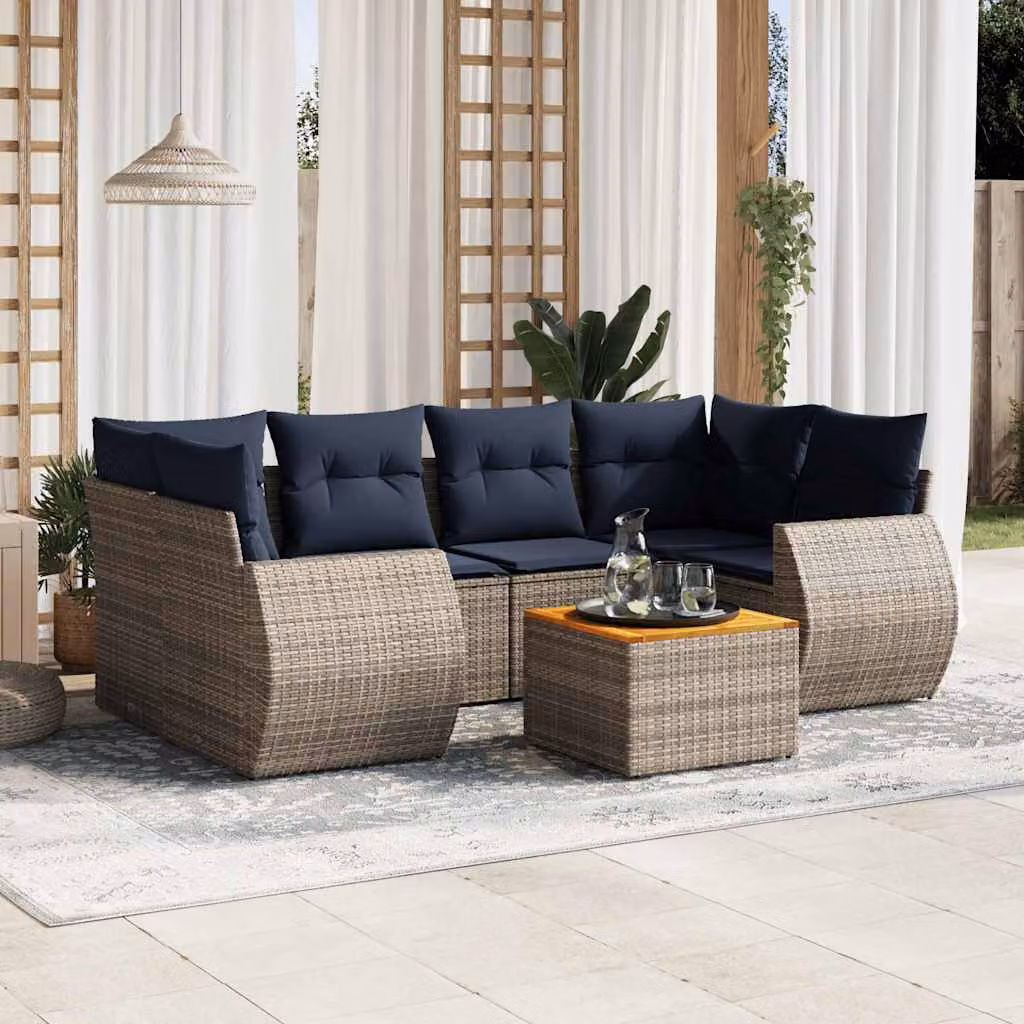 Set da giardino vidaXL in polyrattan grigio con 7 pezzi, divani a forma di L con cuscini e tavolino da caffè per esterno