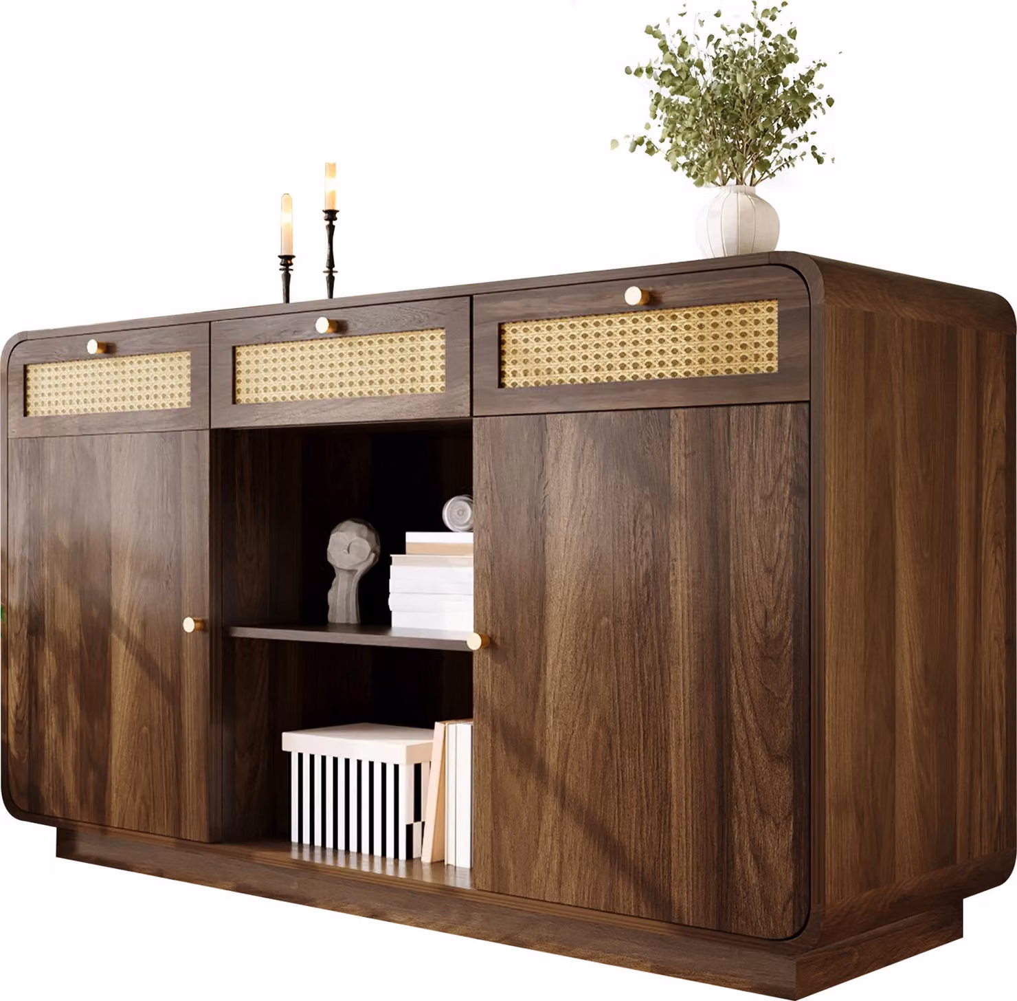 Credenza da 120 cm in noce, cassettiera con maniglie in rattan e oro, 3 cassetti + 2 ante + ripiano aperto, ripiani regolabili in altezza