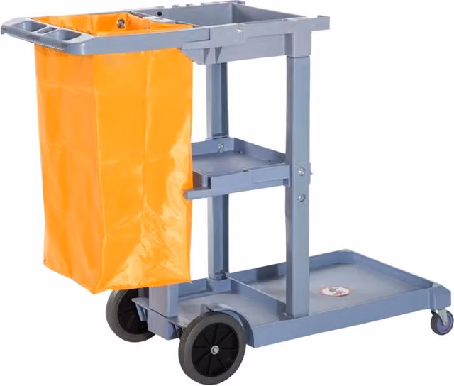 Carrello per pulizie professionale EasyComfort con 3 ripiani, ganci portascopa, 4 ruote e sacco da 100L, arancione e grigio, L: 121 cm, P: 50.5 cm, H: 96.5 cm