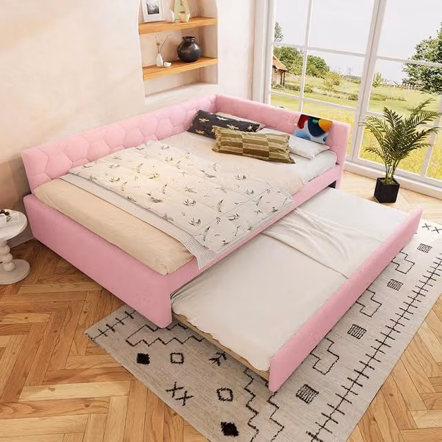 Letto giorno 140x200cm - Xylo - rosa, USB-C, funzione divano estraibile